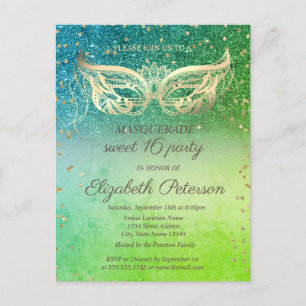 Cartão Postal De Convite Masquerade Diamantes Brilho Verde Sweet 16