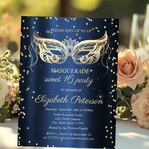 Cartão Postal De Convite Masquerade Gold Diamonds Azul Marinho Sweet 16