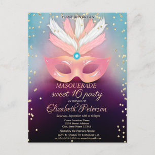 Cartão Postal De Convite Masquerade Gold Diamonds,Pink Masque Sweet 16