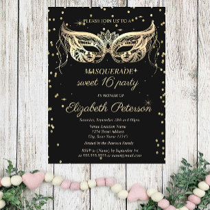 Cartão Postal De Convite Masquerade Gold Diamonds Sweet 16