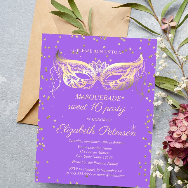 Cartão Postal De Convite Masquerade Gold Diamonds Violeta Doce 16  (Criador carregado)