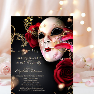 Cartão Postal De Convite Masquerade Rosas Vermelhas Sweet 16