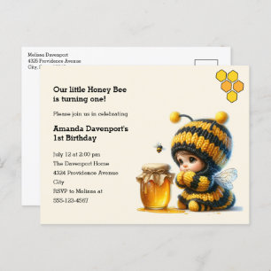 Cartão Postal De Convite Menina Bonita em Figurino de Abelhas com Aniversár