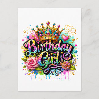 Cartão Postal De Convite Menina Colorida de Aniversário Real