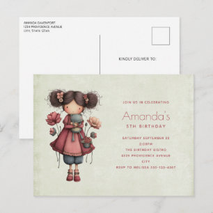 Cartão Postal De Convite Menina com Boneca de Sapo Fofo Aniversário Caprich