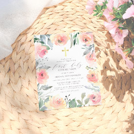 Cartão Postal De Convite Menina Dourada Cruz Rosa, Floral Primeira Comunhão