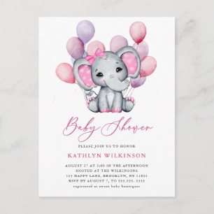 Cartão Postal De Convite Menina Elefante Balão Rosa Roteiro Fofa Chuvada de