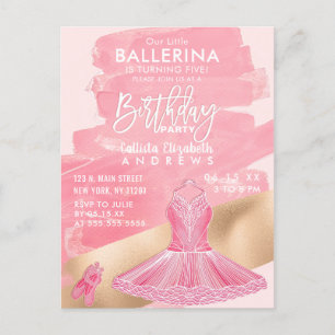 Cartão Postal De Convite Menina Rosa Dourado Pinceladas de Bailarina Aniver