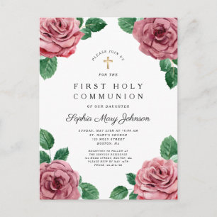 Cartão Postal De Convite Menina Rosa Floral Primeira Comunhão Religiosa Men