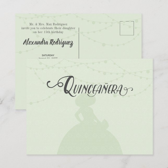 Cartão Postal De Convite Mint Green & Steel Charro Silhouette Quinceanera (Frente/Verso)