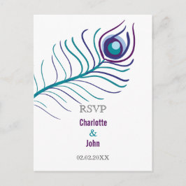 Cartão Postal De Convite Mod roxo, azul-teal casamento pavão rsvp