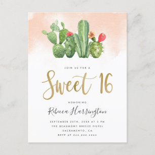 Cartão Postal De Convite Modern Blush Watercolor & Cactus Sweet 16