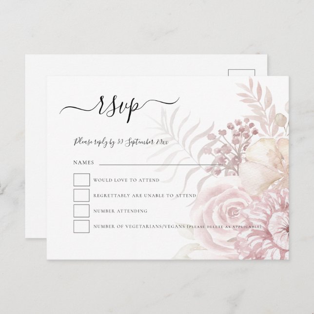 Cartão Postal De Convite Modern Dusty Pink Tinted Florals Casamento RSVP (Frente/Verso)