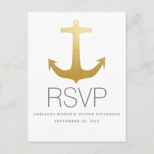 Cartão Postal De Convite Modern Faux Gold Foil Anchor Náutico Casamento RSV