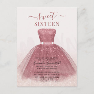 Cartão Postal De Convite Modern Script Glitter Sweet 16 Birthday Rosa Doura