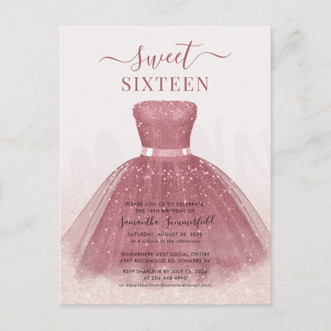 Cartão Postal De Convite Modern Script Glitter Sweet 16 Birthday Rosa Doura (Frente)