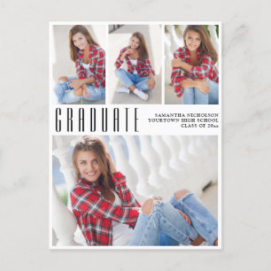 Cartão Postal De Convite Modern Trendy White Graduation 4 Photo Collage