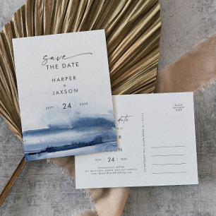 Cartão Postal De Convite Modern Watercolor Blue Save the Date (Salvar a d