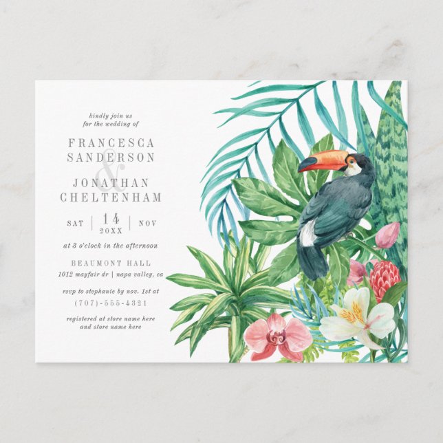 Cartão Postal De Convite Moderna Aquarela Tropical Folga e Casamento Toucan (Frente)