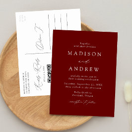 Cartão Postal De Convite Moderno Código QR de Casamento Burgundy Elegante