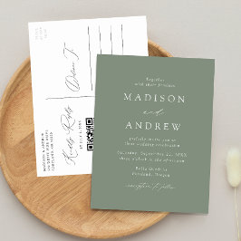 Cartão Postal De Convite Moderno Código QR Verde Salvia Elegante Casamento