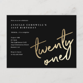 Cartão Postal De Convite Moderno Minimalista Dourado Tipo Aniversário de 21