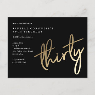 Cartão Postal De Convite Moderno Minimalista Dourado Tipo Aniversário de 30