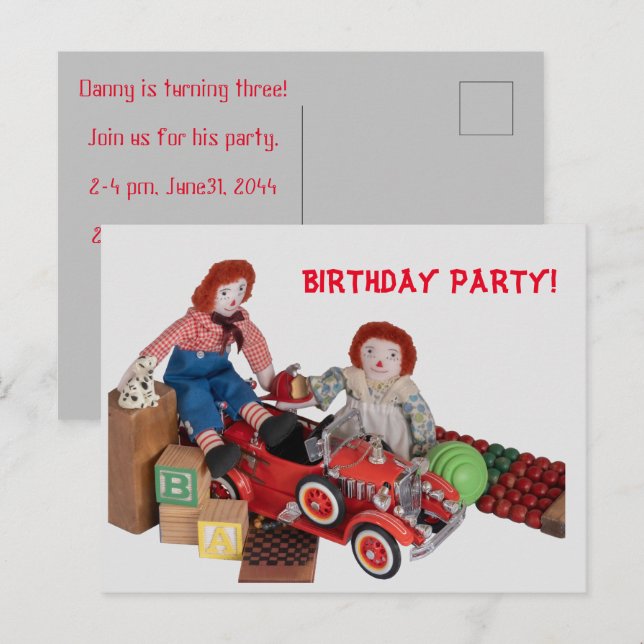 Cartão Postal De Convite Motor de incêndio infantil Raggedy Ann Andy Festa  (Frente/Verso)