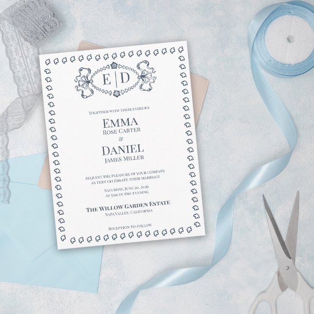 Cartão Postal De Convite Navy Blue Heirloom Crest Monogram Formal Wedding (Navy Blue Heirloom Crest Wedding Invitation | Elegant Monogram Formal Traditional Wedding Invite)