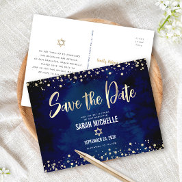 Cartão Postal De Convite Navy Dourado Bat Mitzvah Salve a Data Moderno Curs