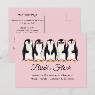 Cartão Postal De Convite Noiva de Pinguim Fofo Card de Solteira Rosa