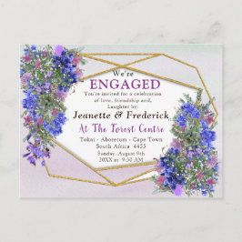 Cartão Postal De Convite Noivado de Flores Geométricas Douradas e Lavandas