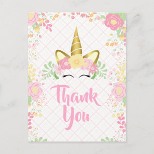 Cartão Postal De Convite Noivado Floral do Unicórnio Cor-de-Rosa Obrigado