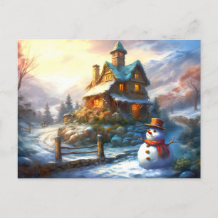Cartão Postal De Convite Nostalgic Christmas Snowman Vintage Cottage