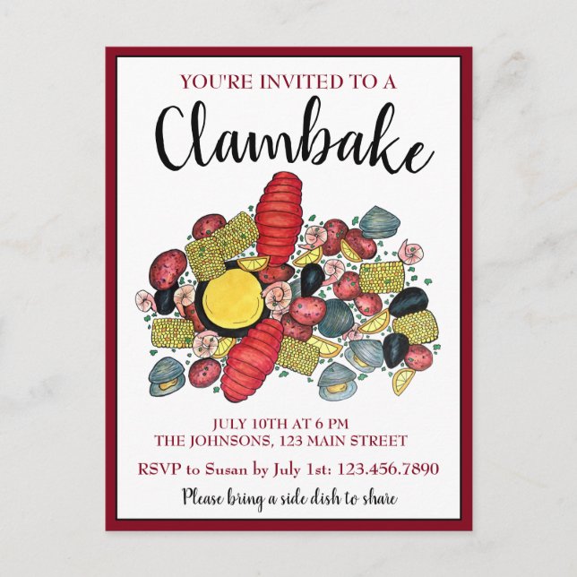Cartão Postal De Convite Nova Inglaterra Lobster Boil Clambake Seafood Jant (Frente)