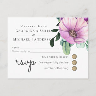 Cartão Postal De Convite Nuestra Boda RSVP Flores Púrpuras de Casamento Esp