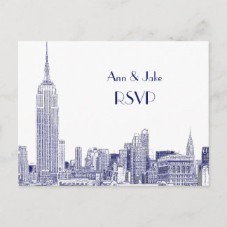 Cartão Postal De Convite NYC Skyline 01 Gravado Branco RSVP 1Azul
