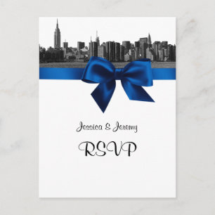 Cartão Postal De Convite NYC Wide Skyline Enchida BW Royal Blue RSVP 1