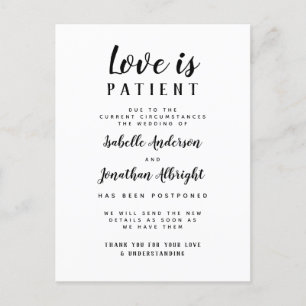 Cartão Postal De Convite O Amor é Paciente Casamento Adiado e Elegante