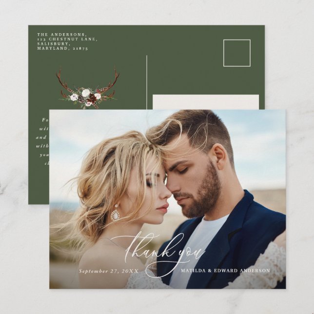 Cartão Postal De Convite Obrigado de casamento russo elegante você botânico (Frente/Verso)