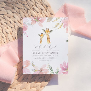 Cartão Postal De Convite Oh Baby Watercolor Floral Giraffe Chá de fraldas