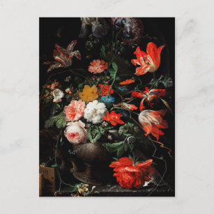 Cartão Postal De Convite Óleo de Mestre Holandês Pintura com Floral Escuro