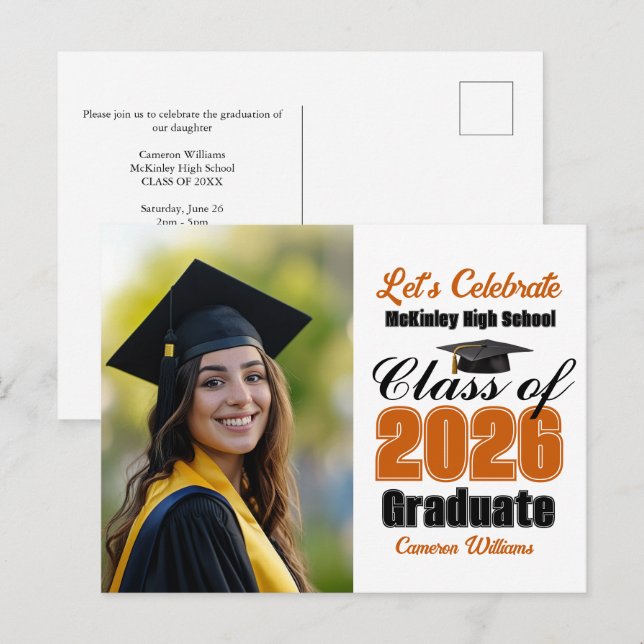 Cartão Postal De Convite Orange Class of 2026 Photo Graduation Party (Frente/Verso)