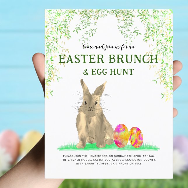 Cartão Postal De Convite Orçamento da Páscoa Bunny Egg Hunt e Brunch (Easter brunch and egg hunt watercolor cute Easter bunny and eggs invitation )