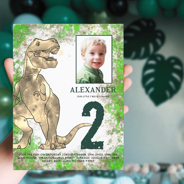 Cartão Postal De Convite Orçamento de Festa de aniversário do Dinossauro T- (T-Rex dinosaur 2nd birthday party budget inviation postcard photo template watercolor splash jungle)