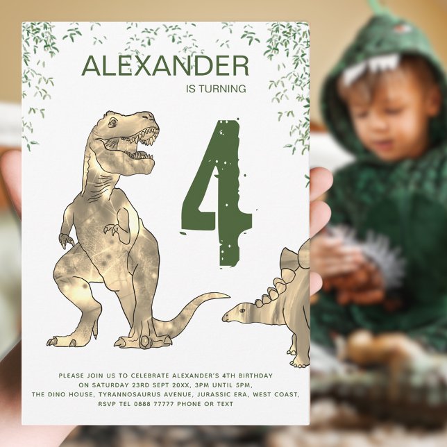 Cartão Postal De Convite Orçamento de Festa de aniversário do Dinossauro T- (Boys dinosaur jungle modern 4th birthday party budget postcard invitation T-Rex green and brown hues)