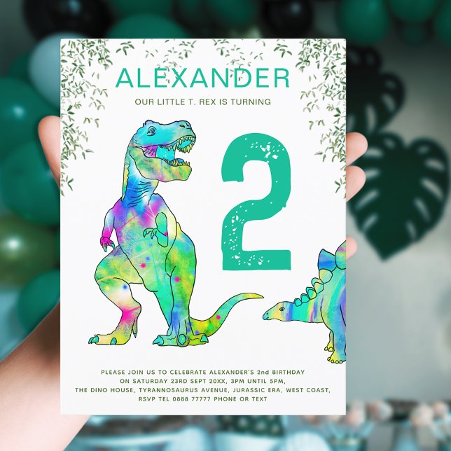Cartão Postal De Convite Orçamento do Partido segundo aniversário da selva  (Dinosaur 2nd birthday party budget Invitation with colorful watercolor T-Rex and stegosaurus dino)