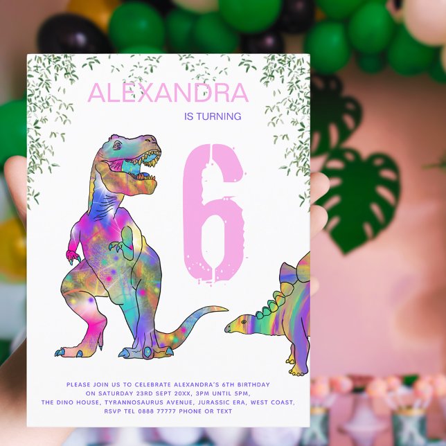 Cartão Postal De Convite Orçamento Festa de aniversario de meninas do dinos (Colorful Dinosaur girls birthday party invitation postcard with T-Rex stegosaurus and jungle foliage)