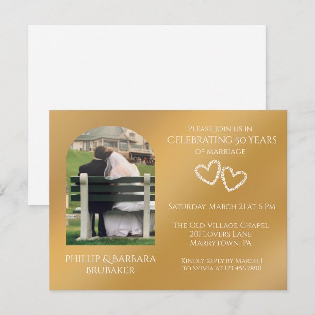 Cartão Postal De Convite Ouro de Foto Elegante 50º Aniversário de Casamento (Frente/Verso)