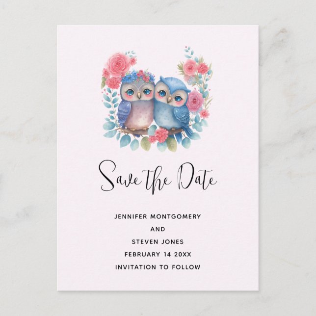 Cartão Postal De Convite Owens in Love Sitting on Tree Branch Salvar a Data (Frente)